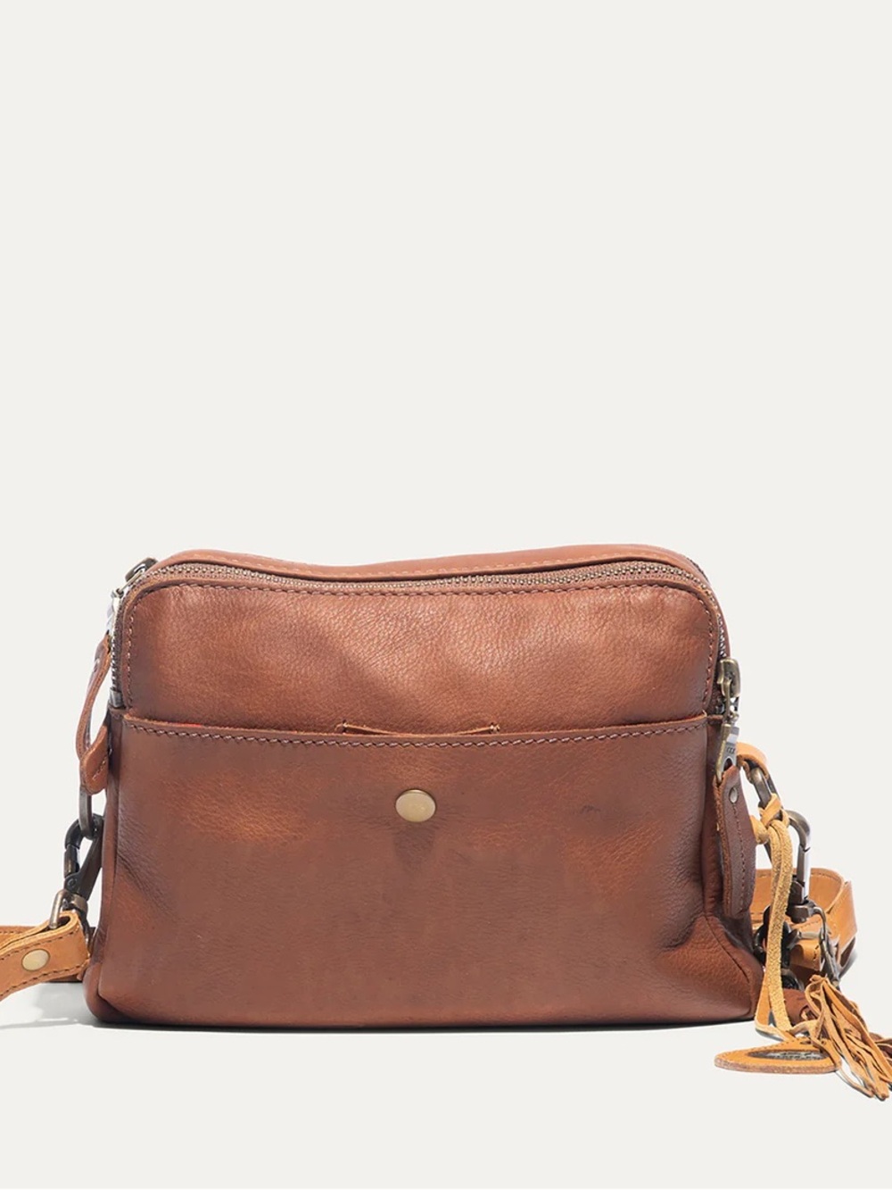 Will Leather Goods Everyday Double Zip Cognac Leather Crossbody with Tassel